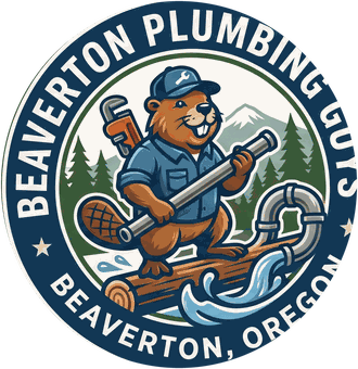 Beaverton Plumbing Guys logo, a cartoon beaver plumber in a cap holding a pipe wrench, in the header of the Beaverton, OR home page